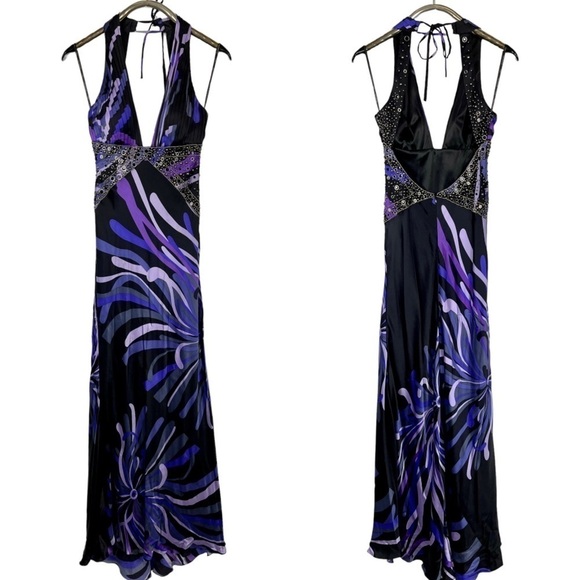 SUE WONG Y2K SILK PLUNGE HALTER STUDDED FLORAL SEXY CUTOUT FORMAL GOWN DRESS - Picture 2 of 16